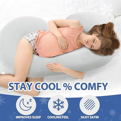 Cooling Pregnancy Pillow Cover (ONLY Pillowcase), Q-Max 0.4 C Shaped Luxurious Smooth Maternity Pillow Cover with Hidden Zip, Cool Large Pillow Protector for Side Hot Sleeper, Grey, 60x34 in