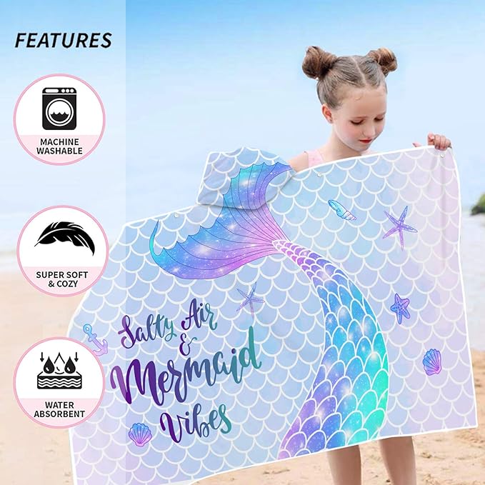 Mermaid Kids Hooded Beach Towel, Mermaid Tail Microfiber Hooded Poncho Towel for Girls 30”x50”, Mermaid Scales Pink Soft Absorbent Bath Towels Bathrobe with Hood for Swin Pool