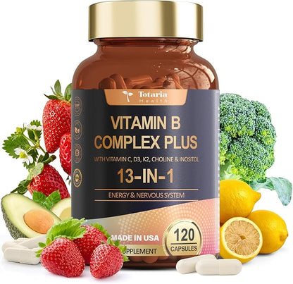 13-in-1 Vitamin B Complex Plus with Vitamin B1, B2, B3 (Niacin), B4, B5, B6, B7 (Biotin), B8 (Inositol), B9 (Folate), B12, C, D3, K2 for Energy, Nerve, Immune, Skin - 120 Caps per Bottle - 2 Bottles