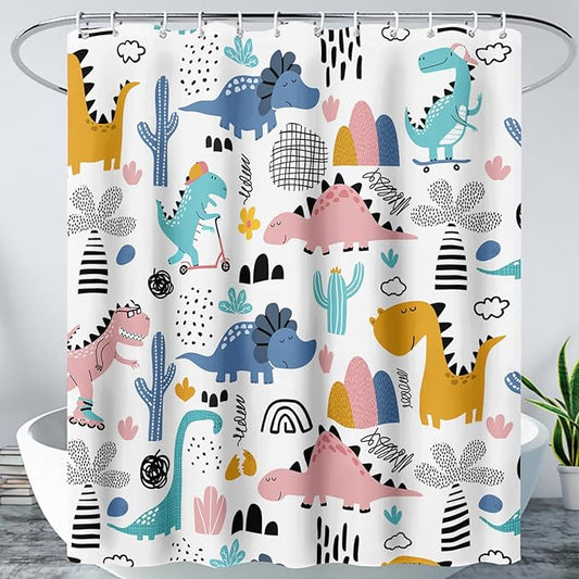 AILONEN Dinosaur Shower Curtain for Kids Boys,Cartoon Dinosaur Bath Curtain 48" W*72" H,Cactus Rainbow Dinosaur Waterproof Shower Curtain with 12 Plastic Hooks
