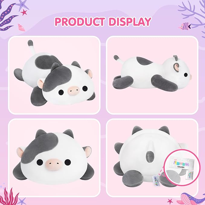 Cute Cow Plush Pillow, Kawaii Plushies White Cow Stuffed Toys, Squishy Plushies, Cuddle Plush Pillow for Boys & Girls