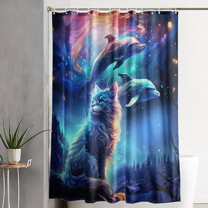AILONEN 3D Kawaii Cat Shower Curtain Set,Cat Lovers Animal Waterproof Fabric Bath Curtain for Kids Girls,Jumping Dolphin Shower Curtain,Starry Night Shower Curtains for Bathroom Decor, 72" W*84" H