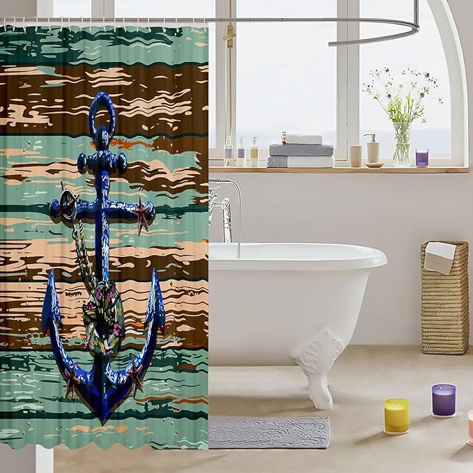 Feelyou Anchor Shower Curtain Wooden Rustic Fabric Shower Curtain for Kids Boys Girls Sea Adventure Bathroom Waterproof Accessories with 12 Hooks Ocean Theme Curtains,72x78 Inches