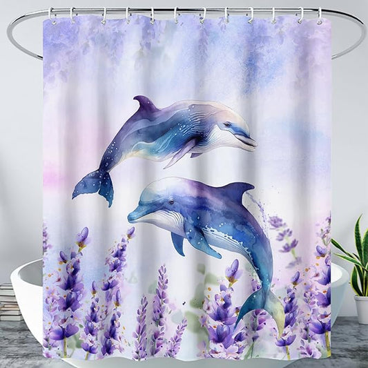 AILONEN Watercolor Dolphin Shower Curtain, Cute Dolphin Lavender Flower Bath Curtain,Modern Minimalist Purple Waterproof Fabric Shower Curtain Set with Hooks 72" W*96" H
