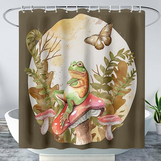 AILONEN Green Frog Mushroom Shower Curtain,Red Mushroom Waterproof Fabric Bath Curtain for Kids Girls Boys,Boho Aesthetic Minimalist Shower Curtain Set for Bathroom with Hooks,72" W*78" H