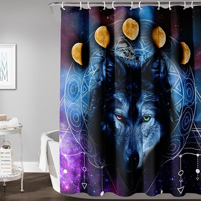 AILONEN Wolf Shower Curtain,Boho Moon Wolf Bath Curtain for Bathroom Decor,Galaxy Wolf Polyester Waterproof Whit Plastic Hooks 36" W*72" H