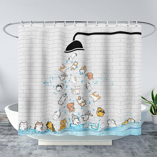 AILONEN Cute Cat Shower Curtain for Kids 48" W*72" H Inch,Colorful Animals Playing Water Kids Lovely Funny Hilarious Shower Curtain,12 Pack Hooks Polyester Waterproof Fabric Decor for Bathroom
