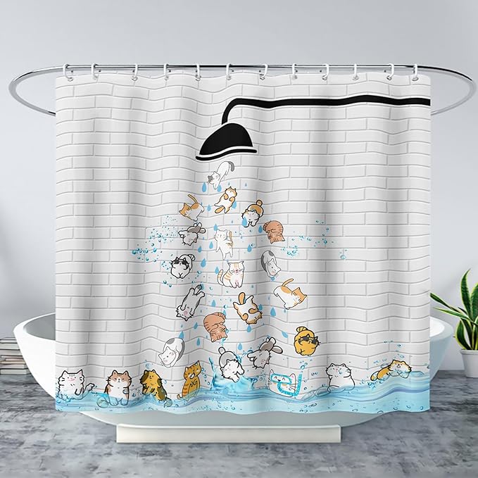 AILONEN Cute Cat Shower Curtain for Kids 72" W*96" H Inch,Colorful Animals Playing Water Kids Lovely Funny Hilarious Shower Curtain,12 Pack Hooks Polyester Waterproof Fabric Decor for Bathroom