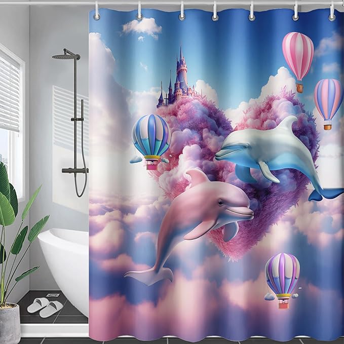 AILONEN Cute Dolphin Shower Curtain,Romantic Pink Sky Clouds Hearts Print Bath Curtain,Blue and Pink Dolphin Shower Curtain Waterproof for Bathroom Decor with 12 Plastic Hooks, 72" W*84" H