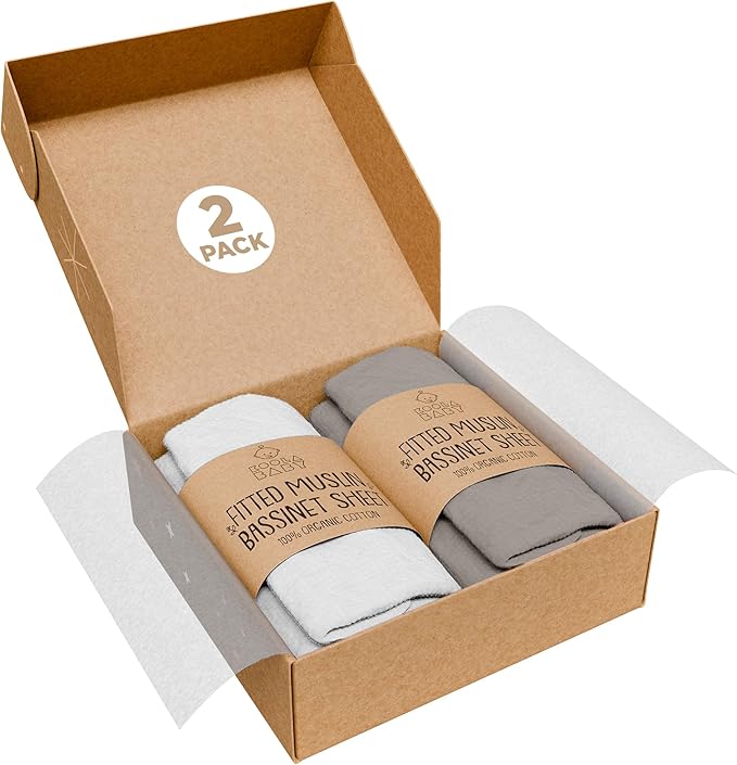 Bassinet Fitted Sheets - Compatible with Halo Bassinest Swivel Sleeper | 100% Organic Muslin Cotton - White + Grey | 30x16 (2 Pack)