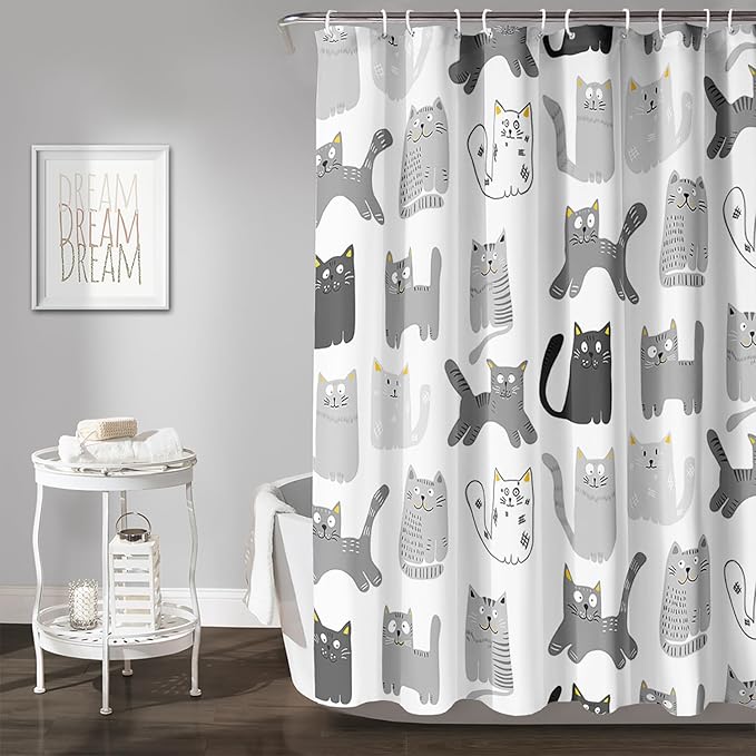 AILONEN Cat Shower Curtain 60" W*72" H Funny Cartoon Cat Grey Printed Bath Curtain Cat Theme Shower Curtain Minimalist Bathroom Curtain Decor Polyester Waterproof Curtain with 12 Hooks