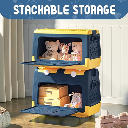Toy Box Chest with Lid, Dinosaur Collapsible Storage Organizer for Kids Boys Girls, Plastic Stackable Toddler Toy Bins with Double Door Lid (Blue)