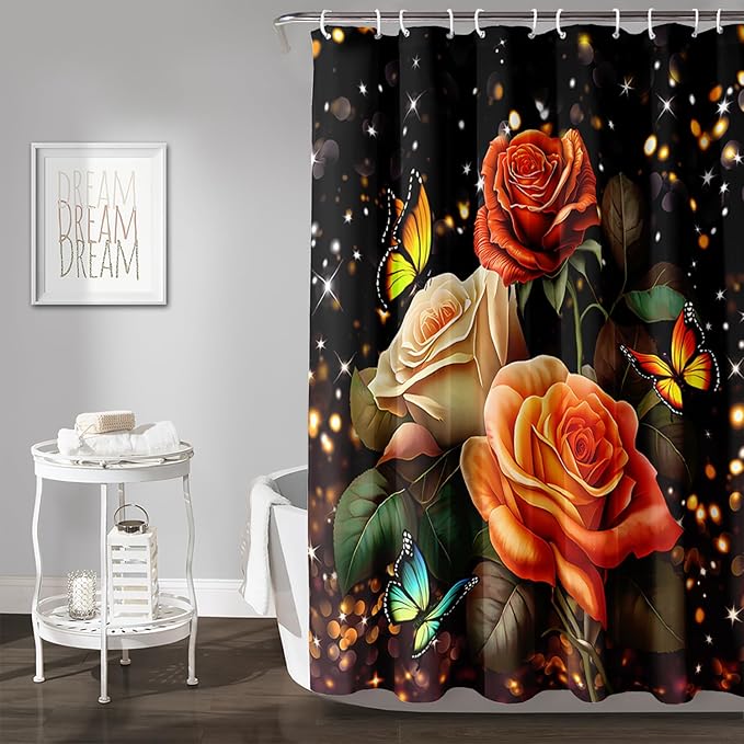 AILONEN Rose Flower Shower Curtain for Bathroom, Glitter Starry Flower Print Bath Curtain,Modern Botanical Floral Butterfly Waterproof Shower Curtain Decoration with 12 Plastic Hooks, 72" W*78" H