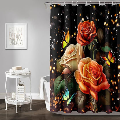 AILONEN Rose Flower Shower Curtain for Bathroom, Glitter Starry Flower Print Bath Curtain,Modern Botanical Floral Butterfly Waterproof Shower Curtain Decoration with 12 Plastic Hooks, 72" W*78" H