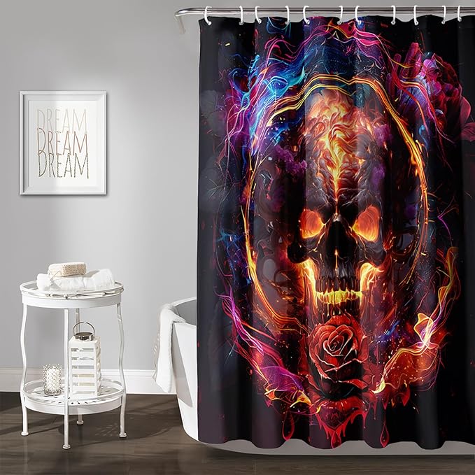 AILONEN Gothic Skull Shower Curtains for Bathroom,Red and Black Skeleton Sugar Skull Bath Curtain,Romantic Rose Flower Goth Skull Decor,Boys Men Curtain 12 Plastic Hooks Waterproof, 72" W x 96" H