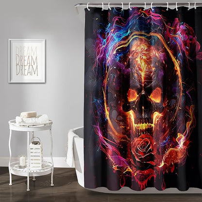 AILONEN Gothic Skull Shower Curtains for Bathroom,Red and Black Skeleton Sugar Skull Bath Curtain,Romantic Rose Flower Goth Skull Decor,Boys Men Curtain 12 Plastic Hooks Waterproof, 72" W x 96" H
