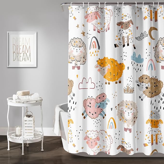 AILONEN Cute Sheep Kids Shower Curtain for Bathroom,Sheep Moon Clouds Kids Creative Rainbow Waterproof Bath Curtain,Modern Minimalist White Curtain with 12 Plastic Hooks(72" W*78" H)