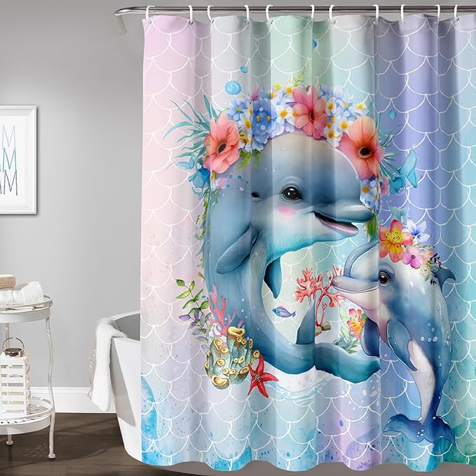 AILONEN Cute Dolphin Shower Curtain,Color Mermaid Scale Print Shower Curtain with 12 Plastic Hooks,Kawaii Ocean Dolphin Print Bath Curtain Decorative Waterproof 72" W*84" H
