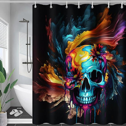 AILONEN Sugar Skull Shower Curtain for Bathroom,Romantic Colorful Smoky Skull Bath Curtain,Watercolor Skull Skeleton Decoration Bathroom Waterproof Shower Curtain with 12 Plastic Hooks, 72" W*72" H
