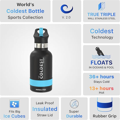 Coldest Water Bottle with Standard Mouth Straw Lid Metal Thermos Vacuum Insulated Stainless Steel l Reusable Leak Proof Cupholder Flask (12 oz, Stealth Black)