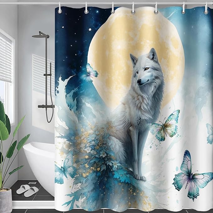 AILONEN 3D Printed Wolf Shower Curtain, Watercolor Floral Wolf Bath Curtain for Boys Girls Kids,Modern Minimalist White Waterproof Fabric Shower Curtain 60" W*72" H
