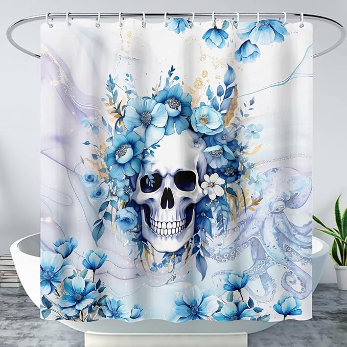 AILONEN Sugar Skull Blue Shower Curtain, Watercolor Floral Skull Octopus Printed Bath Curtain,Bathroom Waterproof Shower Curtain for Boys Girls 48" W x 72" H,with 12 Plastic Hooks