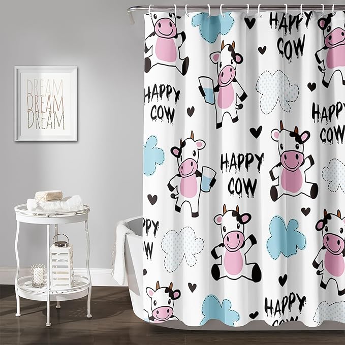 AILONEN Cute Cow Shower Curtain for Bathroom, Kids Children Cow Print Bathroom Curtain,Happy Cow Bath Curtain 72" W*78" H Polyester Waterproof Bathroom Curtain with 12 Hooks