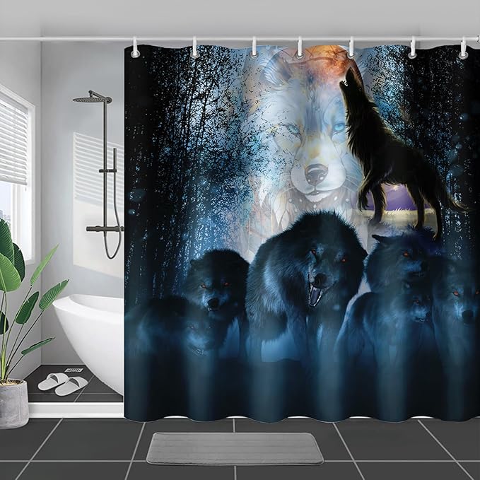 AILONEN Boys Wolf Shower Curtain for Bathroom Decor,3D Howling Wolf Ferocious Wolf Wildlife Decor Bath Curtain 48" W*72" H Polyester Fabric Waterproof Bathroom Curtain with 12 Hooks