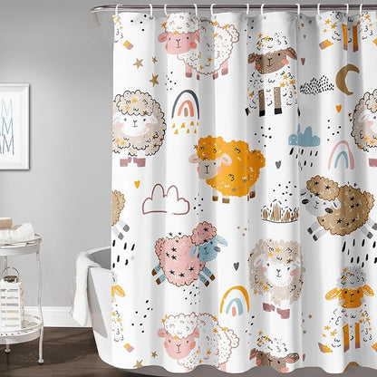 AILONEN Cute Sheep Kids Shower Curtain for Bathroom,Sheep Moon Clouds Kids Creative Rainbow Waterproof Bath Curtain,Modern Minimalist White Curtain with 12 Plastic Hooks(72" W*78" H)