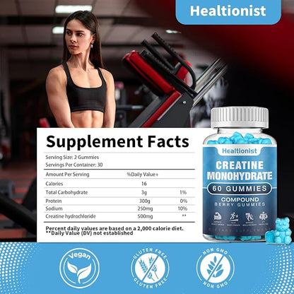1 Pack Creatine Monohydrate Gummies for Men & Women, Chewable Creatine Monohydrate for Muscle Strength & Growth, Muscle Builder, Energy Boost, Pre-Workout Supplementm, Vegan, 60 Counts
