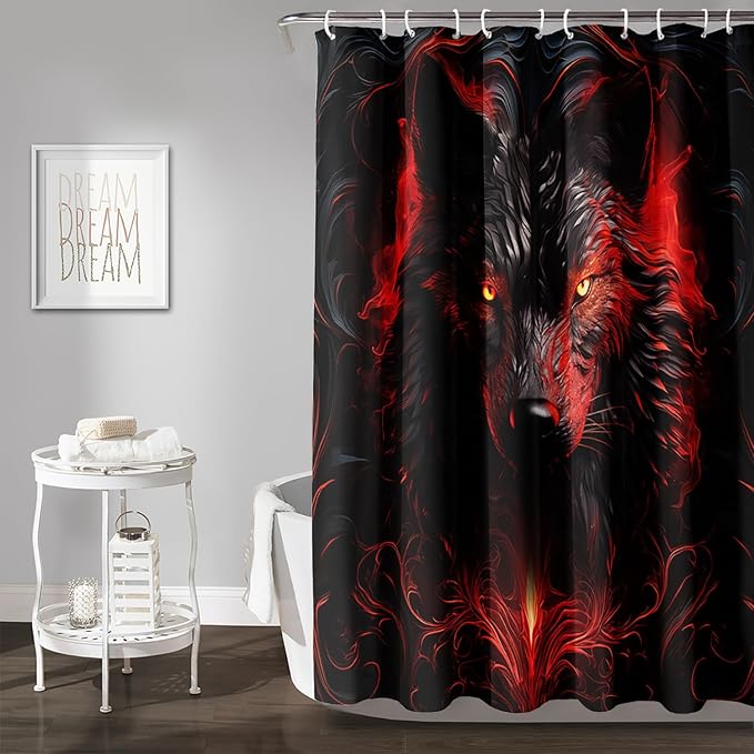 AILONEN 3D Black Wolf Shower Curtain Set,Fire Wolf Head Bathroom Curtain for Kids Girls Boys,Boho Style Shower Curtain,Wild Animal Shower Curtains for Bathroom Decor, 48" W*72" H