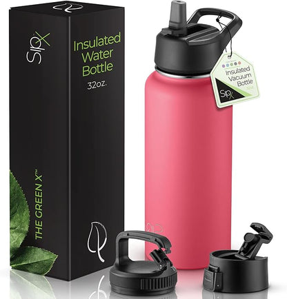 SipX™ Triple-Insulated Stainless Steel Water Bottle 32oz. With 3 Lids, BPA-Free Reusable Insulated Water Bottle Keeps Cold 24 Hours, Metal Water Bottle Made Of Sustainable Material For Hiking & Biking