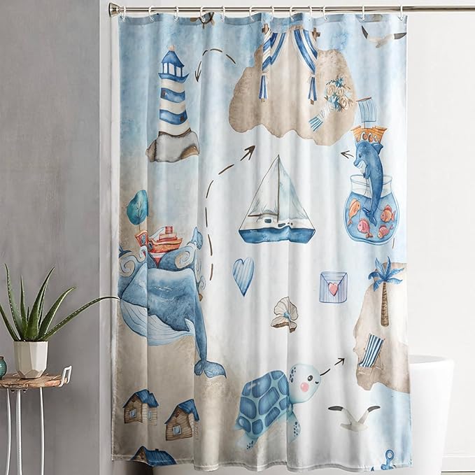 AILONEN Cartoon Dolphin Hower Curtain,Cute Sea Turtle Shower Curtain for Bathroom,Nautical Theme Bath Curtain,Watercolor Blue Waterproof Fabric Shower Curtain Set for Kids Girls,Boys,60" W*72" H
