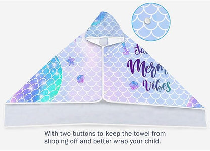 Mermaid Kids Hooded Beach Towel, Mermaid Tail Microfiber Hooded Poncho Towel for Girls 30”x50”, Mermaid Scales Pink Soft Absorbent Bath Towels Bathrobe with Hood for Swin Pool