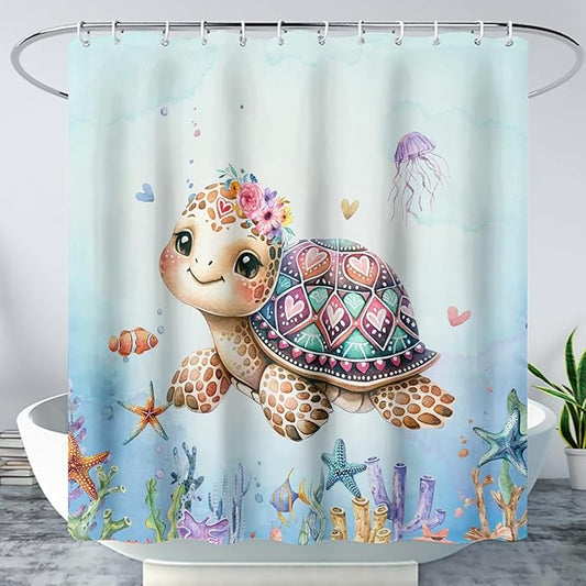 AILONEN Cartoon Sea Turtle Shower Curtain,Kawaii Ocean Sea Turtle Bath Curtain Set for Kids Girls,Ocean Flowers Bathroom Curtains,Watercolor Blue Shower Curtains for Bathroom, 36" W*72" H