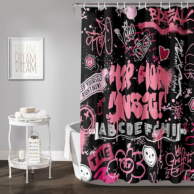 AILONEN Black Pink Graffiti Shower Curtains for Teens Girls,Hip-Hop Music Bath Shower for Bathroom,Polyester Waterproof with 12 Hooks,72" W*72" H Black Pink