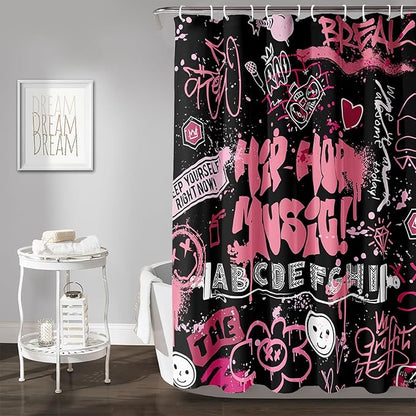 AILONEN Black Pink Graffiti Shower Curtains for Teens Girls,Hip-Hop Music Bath Shower for Bathroom,Polyester Waterproof with 12 Hooks,72" W*72" H Black Pink