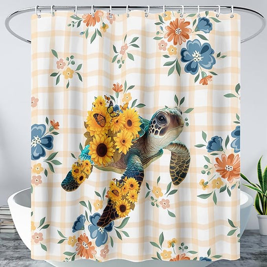 AILONEN Sea Turtle Shower Curtain for Bathroom, Sunflower Turtle Bathroom Curtain,Ocean Turtle Floral Grid Bath Curtain 60" W*72" H Polyester Waterproof Bathroom Curtain with 12 Hooks