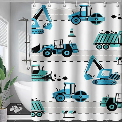 AILONEN Cartoon Kids Truck Shower Curtain,Waterproof Durable,Blue Forklift Truck Excavator Bath Curtain for Boys Girls,Construction Themed Bathroom Decor with 12 Plastic Hooks, 60" W x 72" H