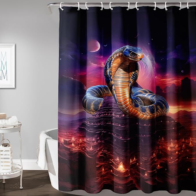 AILONEN 3D Snake Shower Curtain,Red Starry Retro Pyramid Snake Bath Curtain for Bathroom Decor,Terror Snake Printed Polyester Waterproof with 12 Plastic Hooks 72" W*84" H