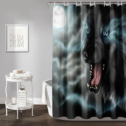 AILONEN Howling Wolf Shower Curtain,Cloud Moon Wolf Bath Curtain,Wildlife Wolf Polyester Waterproof for Bathroom,48" W*72" H with 12 Plastic Hooks