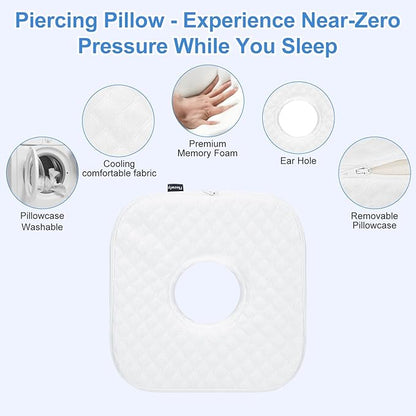 Piercing Pillow with Ear Hole, Memory Foam Ear Pillow for More Comfortable Side Sleeping, Pillows for CNH, Ear Pain Relief, Inflammation, Pressure Sores, Travel, White