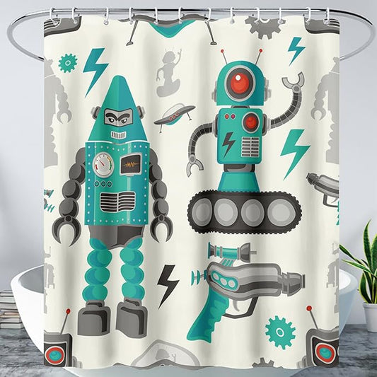 AILONEN Robot Shower Curtain,Cartoon Green Tank Robot Bathroom Decors, 36" W*72" H Logistic Robots Waterproof Shower Curtain for Boys Girls Teens Kids