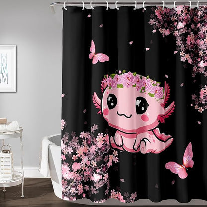AILONEN Cute Cartoon Axolotl Kawaii Shower Curtain,Pink Cherry Blossom Floral Bath Curtain,Animal Axolotl Butterfly Waterproof Black Curtain for Bathroom, 72" W x 78" H