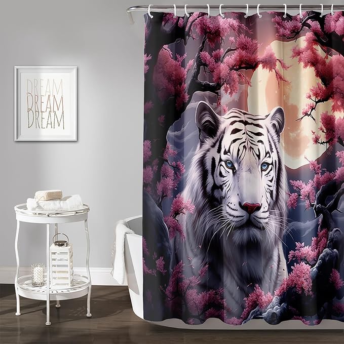 AILONEN Tiger Shower Curtains for Girls,Pink Flower White Tiger Bath Curtains for Bathroom Decor,Wild Animal Curtains Polyester Waterproof with 12 Plastic Hooks 72" W*78" H