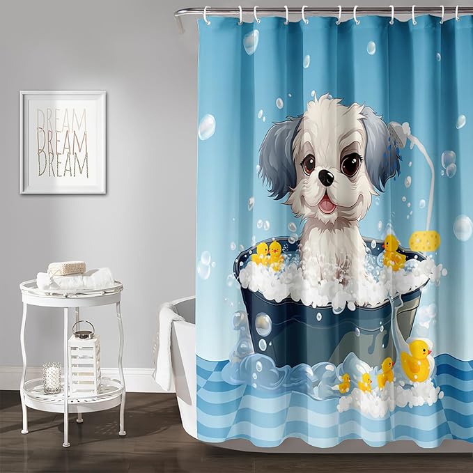 AILONEN Cartoon Bathtub Dog Shower Curtain for Kids 60" W*72" H Kawaii Shower Puppy and Duck Shower Curtain,Polyester Waterproof Fabric Decor for Bathroom Bathtub Panels