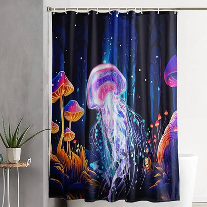 AILONEN Beautiful Jellyfish Shower Curtain,Magic Mushroom Waterproof Fabric Bath Curtain for Kids Girls,Boho Style Mysterious Planet Shower Curtain Set for Bathroom, 72" W*84" H