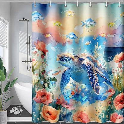 AILONEN Sea Turtle Shower Curtain,Watercolor Sea Turtle Bath Curtain for Girls Girls,Ocean Animal Fish Tie Dye Flower Shower Curtain for Bathroom Decor Waterproof with 12 Plastic Hooks, 72" W*96" H