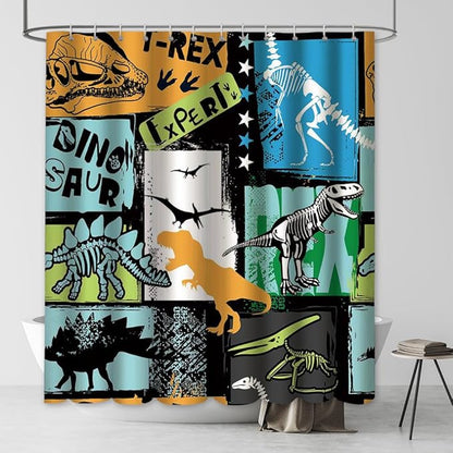 MEHOFOND Dinosaur Shower Curtain Funny Dino for Kids Boys Black Shower Curtain Plant Leaf Jungle Cartoon Colorful Bathroom Decor with Hooks Waterproof Fabric 72x72 inch