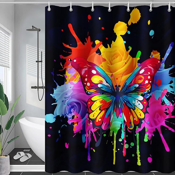 AILONEN Butterfly Shower Curtain for Bathroom, 3D Oil Painting Butterfly Bath Curtain,Colorful Butterfly Rose Flower Decoration Waterproof Black Curtain with 12 Plastic Hooks, 72" W*84" H